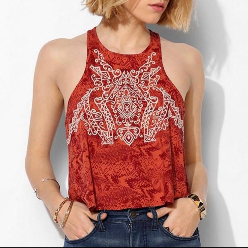 Ecote Urban Outfitters Women's Size M Orange Embroidered High Neck Crop Tank